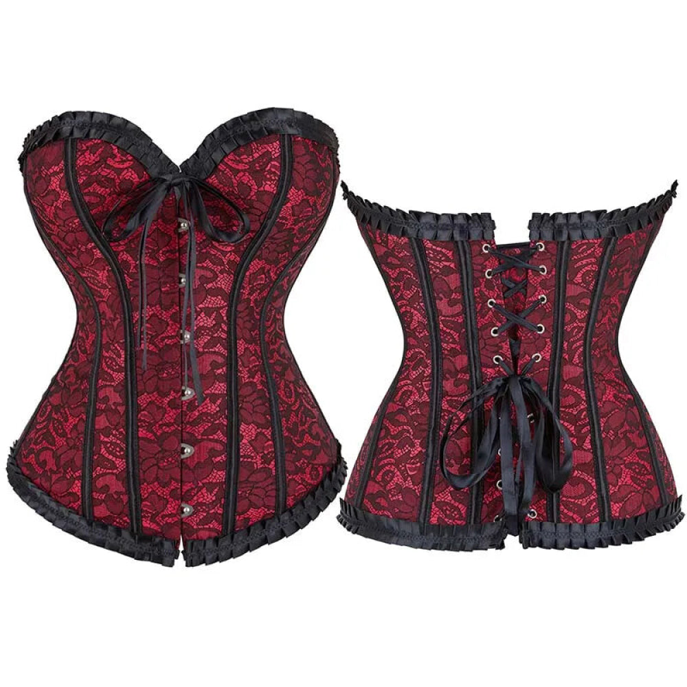 Floral Lace Up Overbust Corset For Mature Women - Red 4Xl