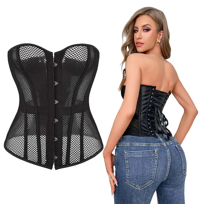 Transparent Gothic Corset With Thong Plus Size S-6Xl Mesh Net Lingerie Bustier Medium