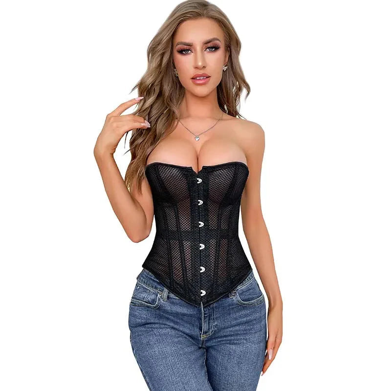 Transparent Gothic Corset With Thong Plus Size S-6Xl Mesh Net Lingerie Bustier Medium