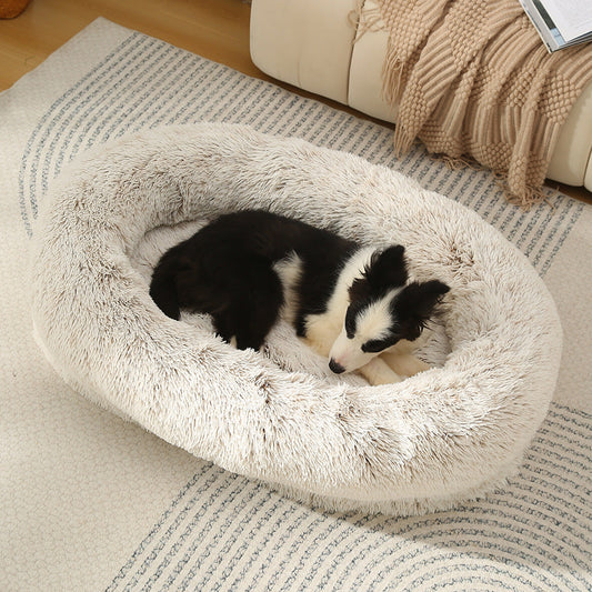 Fluffy Donut Shaped Pet Bed Soft Cozy And Anti Anxiety For Dogs Cats Machine Washable Gradient Coffee Size:L 90*65*20Cm