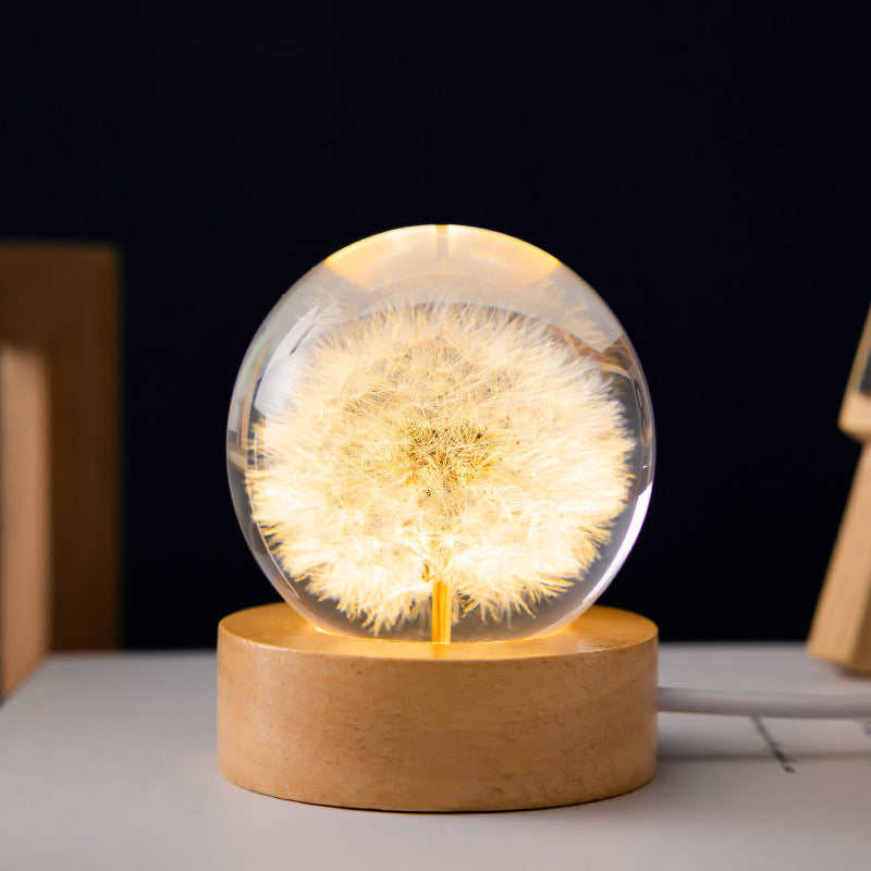 Elsoung Luminous 3D Dandelion Crystal Ball Beech Wood Stand Base Preserved Flower Sphere Desktop Ornaments Birthday Chri