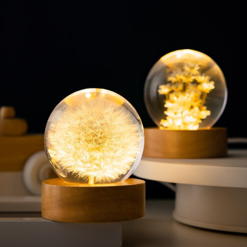 Elsoung Luminous 3D Dandelion Crystal Ball Beech Wood Stand Base Preserved Flower Sphere Desktop Ornaments Birthday Chri