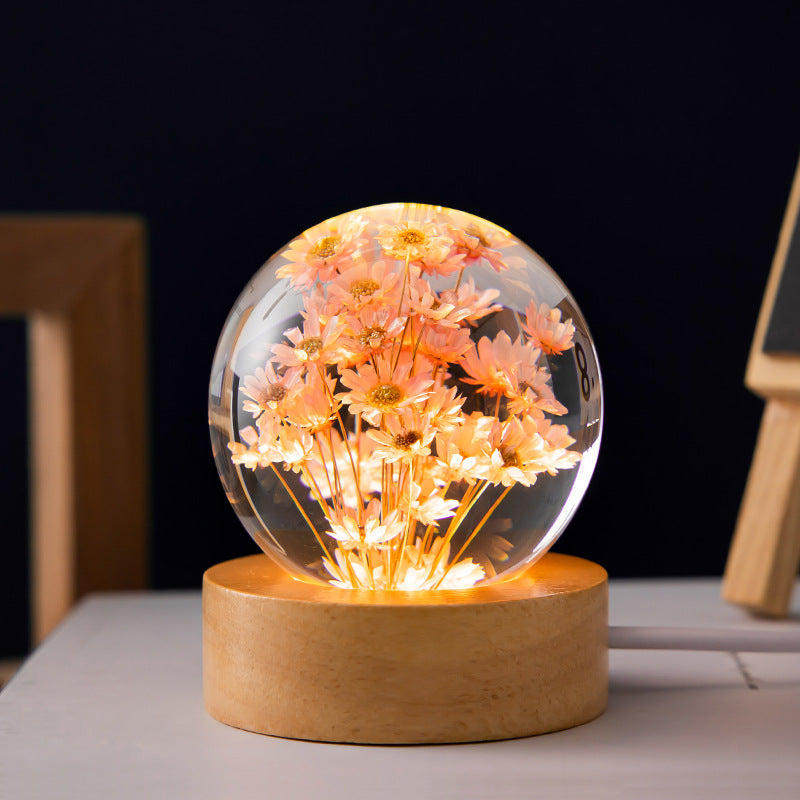 Elsoung Luminous 3D Dandelion Crystal Ball Beech Wood Stand Base Preserved Flower Sphere Desktop Ornaments Bithday Chris