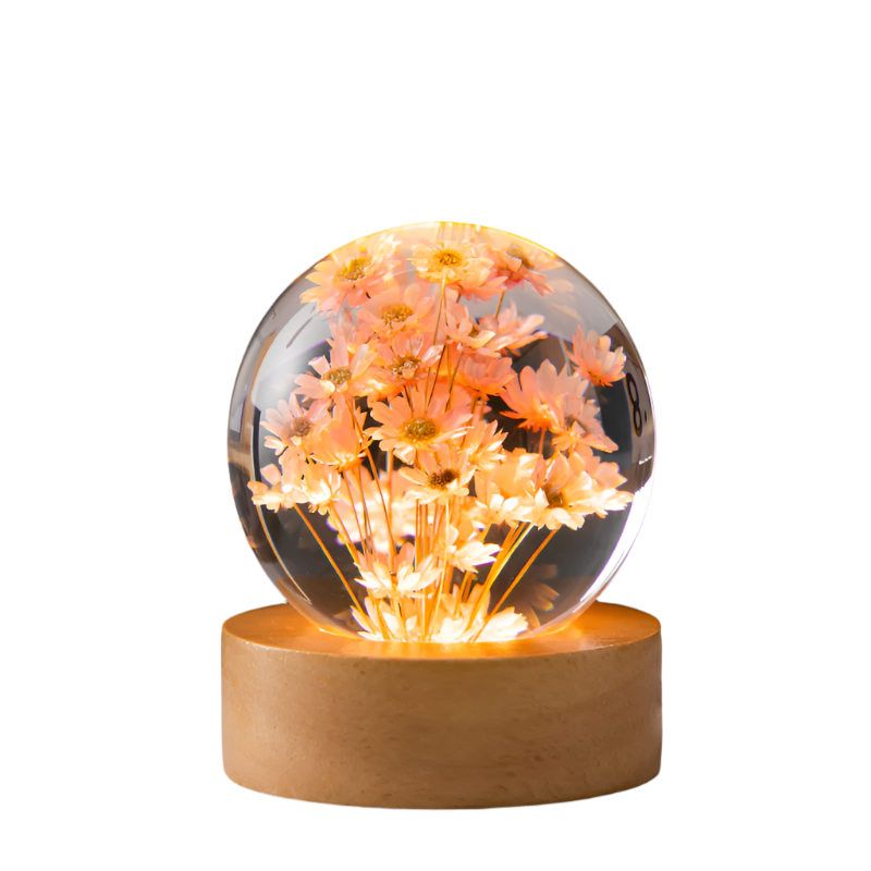 Elsoung Luminous 3D Dandelion Crystal Ball Beech Wood Stand Base Preserved Flower Sphere Desktop Ornaments Bithday Chris