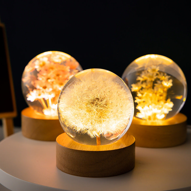 Elsoung Luminous 3D Dandelion Crystal Ball Beech Wood Stand Base Preserved Flower Sphere Desktop Ornaments Bithday Chris