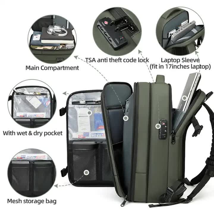 Black Expandable Waterproof Laptop Backpack Fits 17 Inch Anti Theft Design Travel Friendly