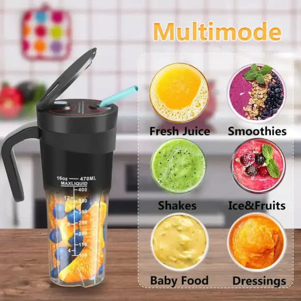 Elosung Black Portable Juicer Cup With Straw Usb Rechargeable 6 Blade Blender Multi Function Maker For Travel And Outdoo