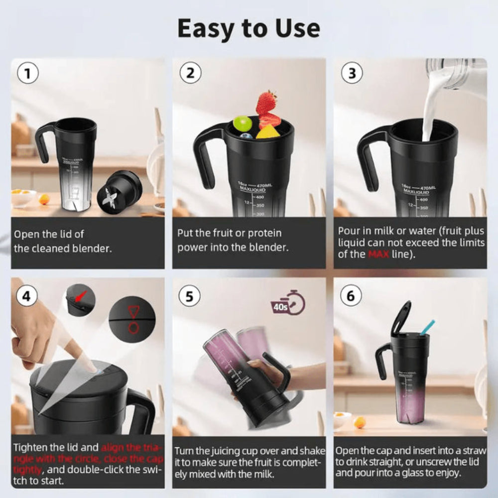 Elosung Black Portable Juicer Cup With Straw Usb Rechargeable 6 Blade Blender Multi Function Maker For Travel And Outdoo