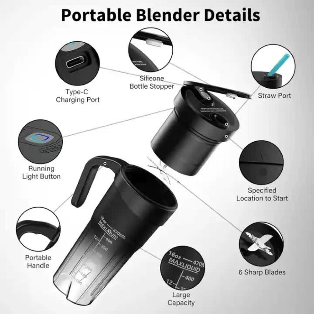 Elosung Black Portable Juicer Cup With Straw Usb Rechargeable 6 Blade Blender Multi Function Maker For Travel And Outdoo