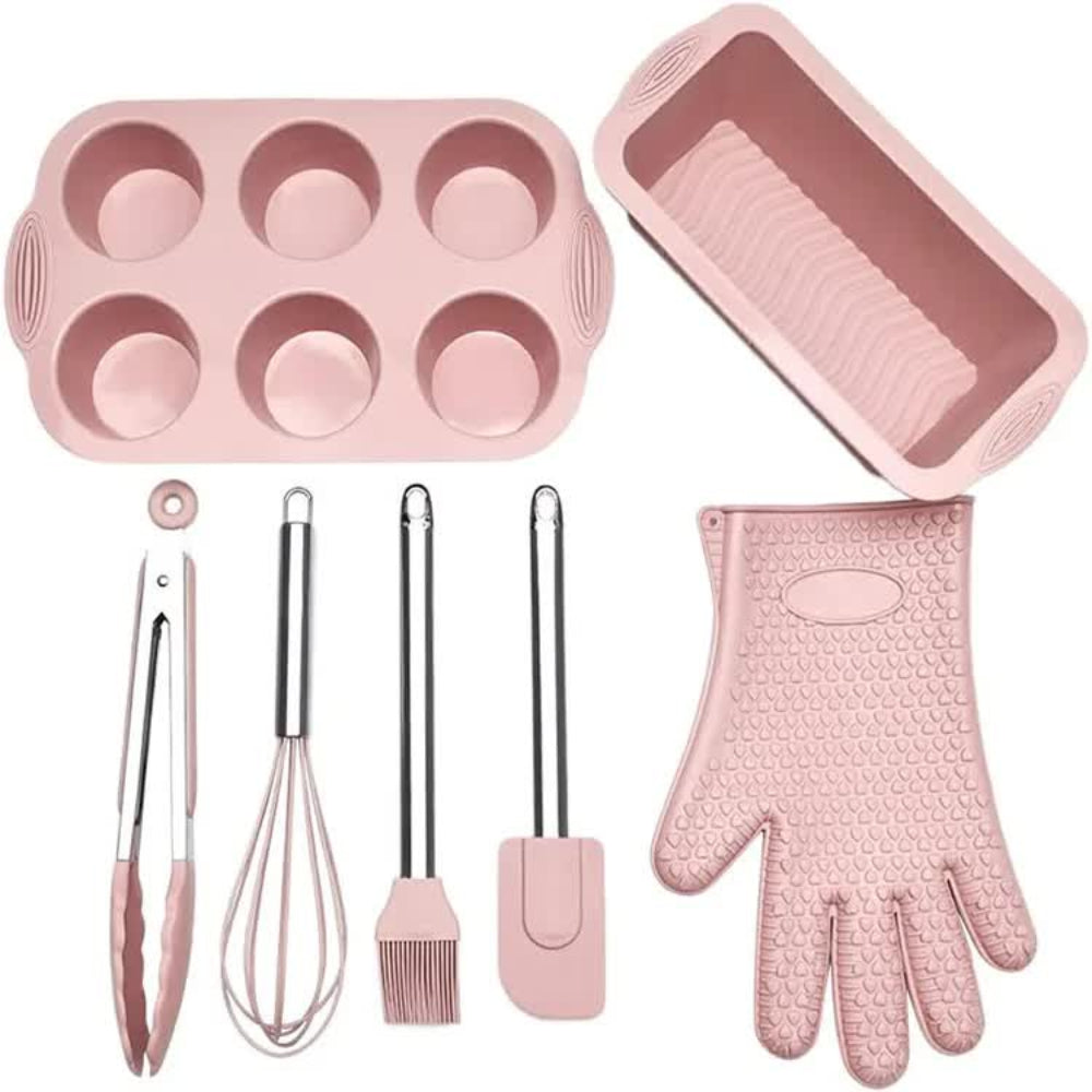 Elosung Pink 7 Piece Silicone Bakeware Set With Whisk Spatula Brush Gloves And Cake Molds For Home Baking