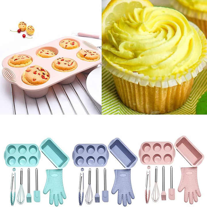Elosung Pink 7 Piece Silicone Bakeware Set With Whisk Spatula Brush Gloves And Cake Molds For Home Baking