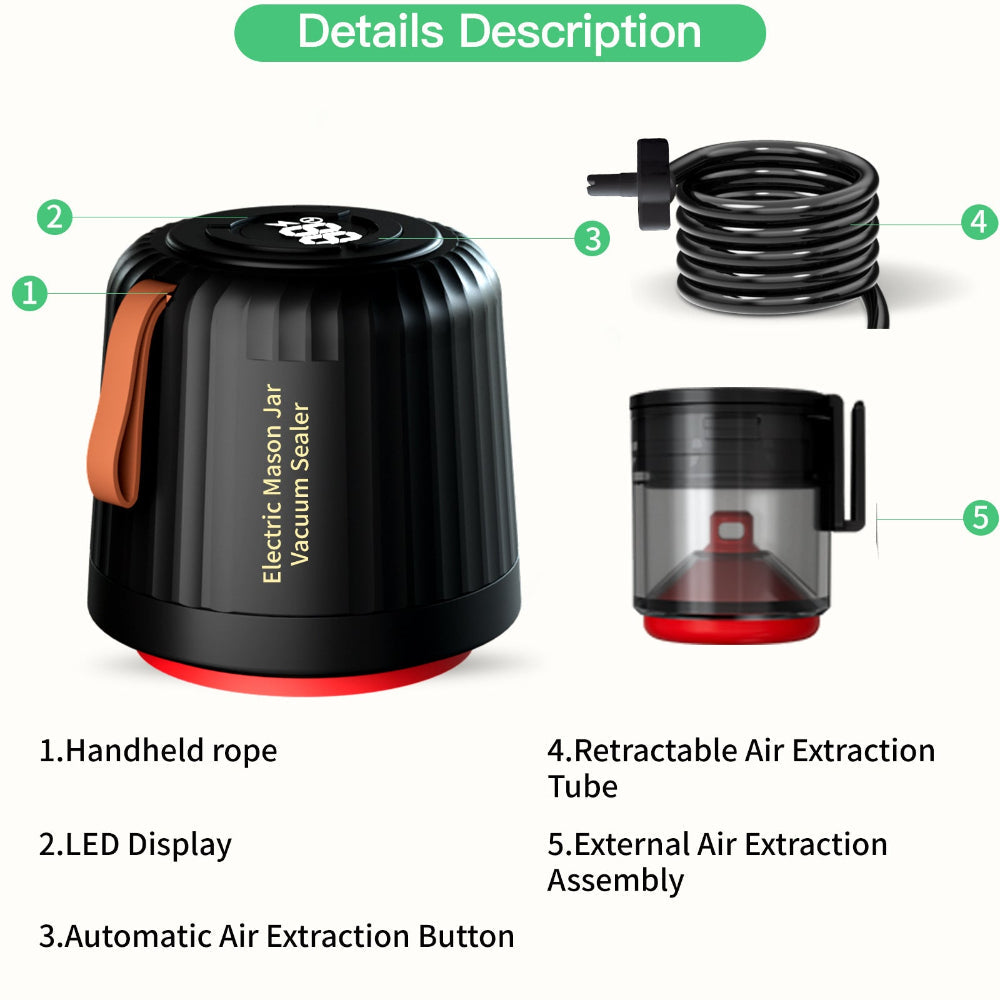 Elosung Standard Edition Electric Mason Jar Vacuum Sealer Kit Automatic Food Preservation System With Wine Stopper & Bag
