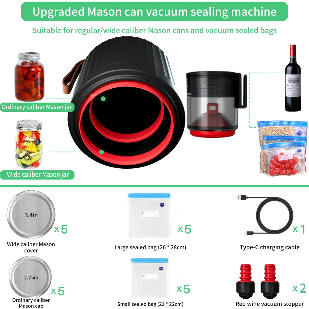 Elosung Standard Edition Electric Mason Jar Vacuum Sealer Kit Automatic Food Preservation System With Wine Stopper & Bag