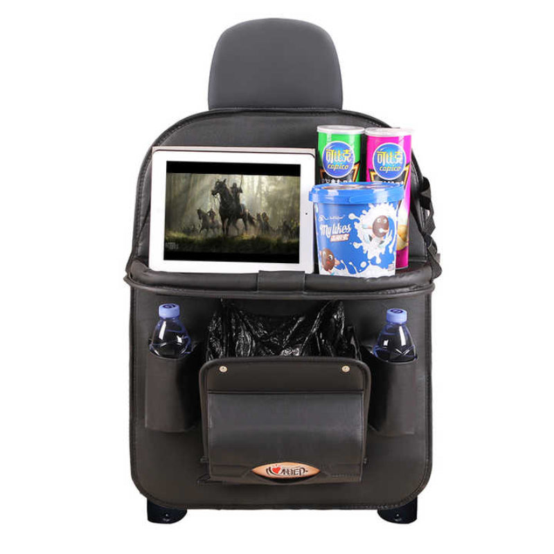 Elosung Black Leather Car Backseat Organizer With Foldable Tray Table & Trash Bag Multi Functional Storage Solution