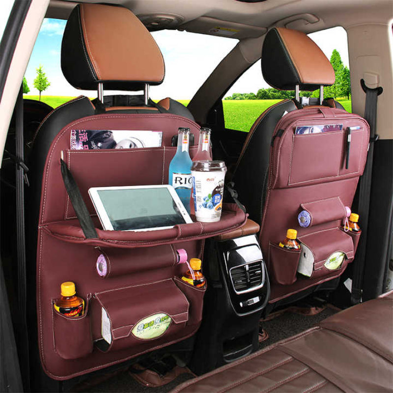 Elosung Black Leather Car Backseat Organizer With Foldable Tray Table & Trash Bag Multi Functional Storage Solution