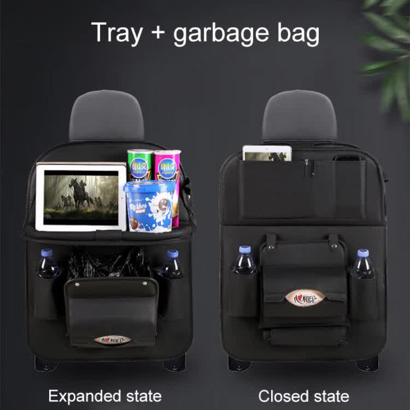 Elosung Black Leather Car Backseat Organizer With Foldable Tray Table & Trash Bag Multi Functional Storage Solution