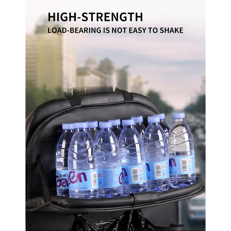 Elosung Black Leather Car Backseat Organizer With Foldable Tray Table & Trash Bag Multi Functional Storage Solution