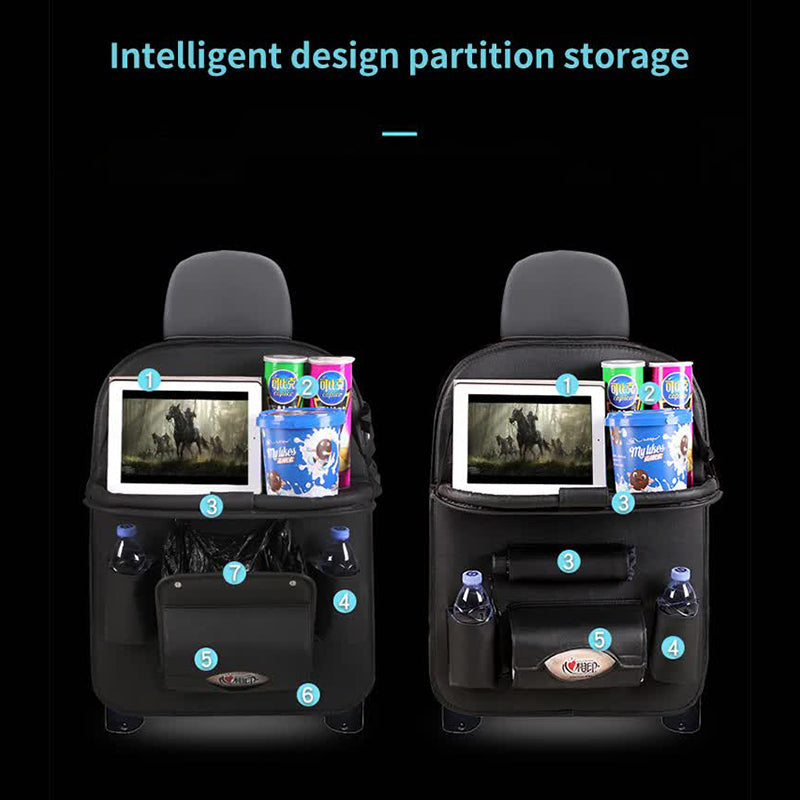 Elosung Black Leather Car Backseat Organizer With Foldable Tray Table & Trash Bag Multi Functional Storage Solution