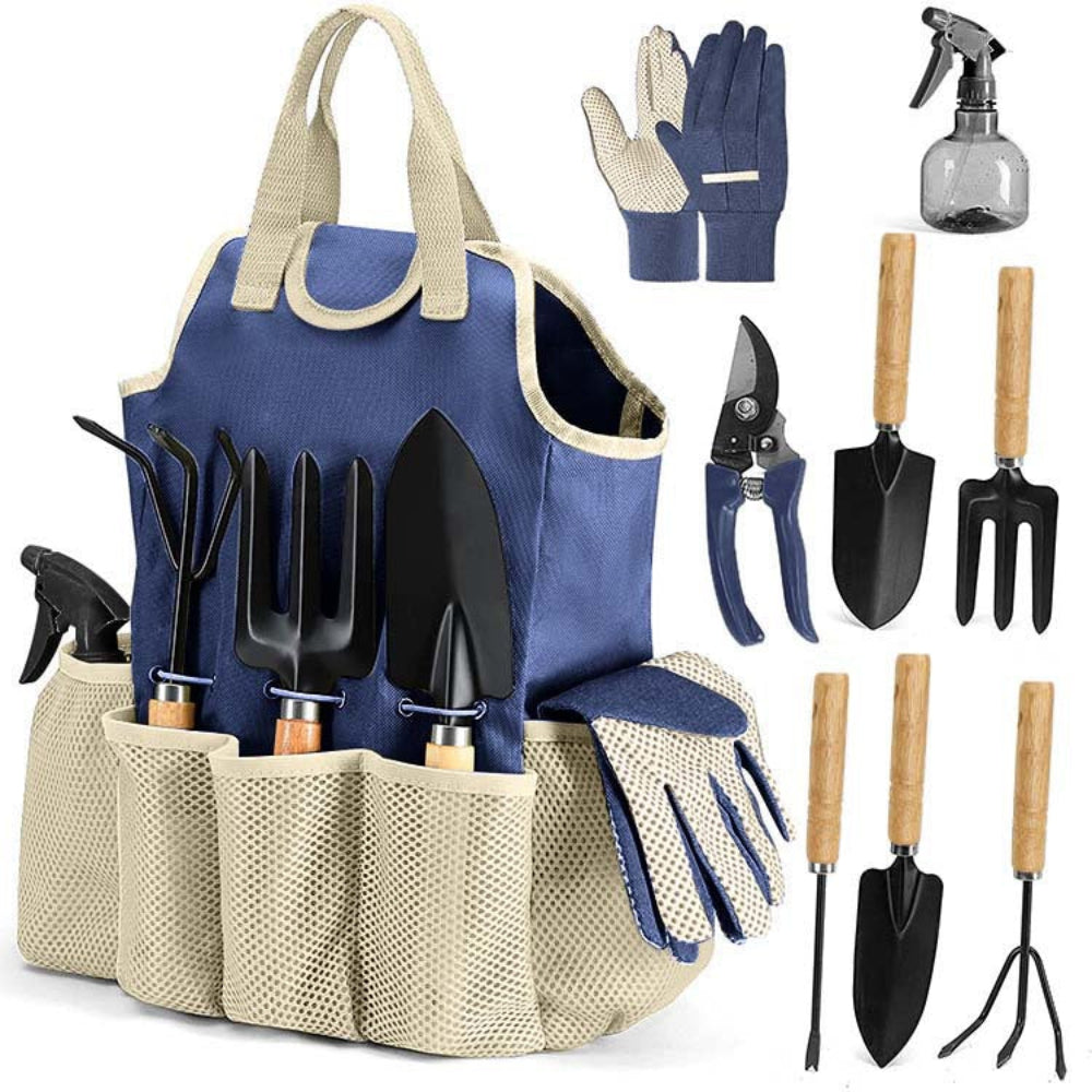 Elosung Nevy Blue 9 Piece Garden Tool Set With Storage Tote Heavy Duty Gardening Kit