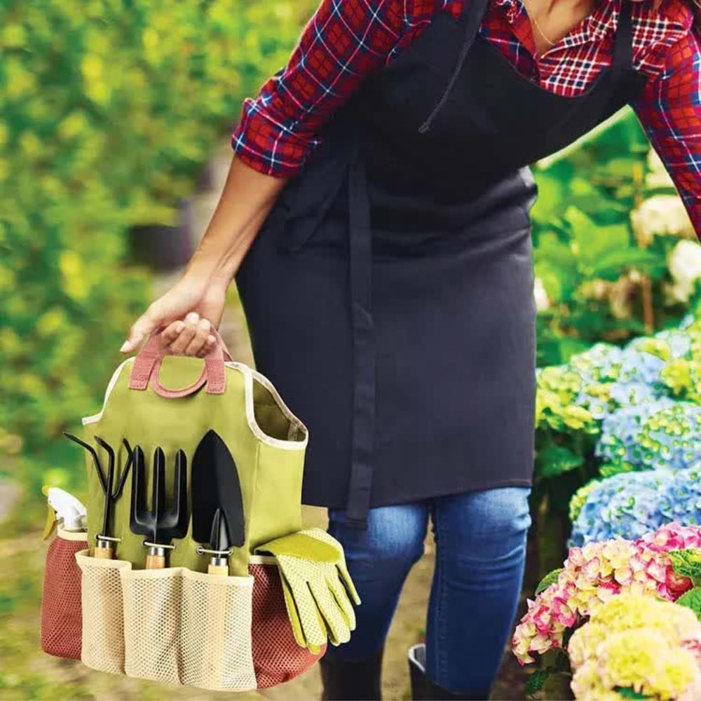 Elosung Nevy Blue 9 Piece Garden Tool Set With Storage Tote Heavy Duty Gardening Kit