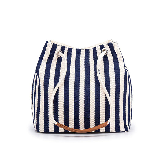 Elosung Blue Stripes Canvas Bucket Tote Bag With Leather Handle
