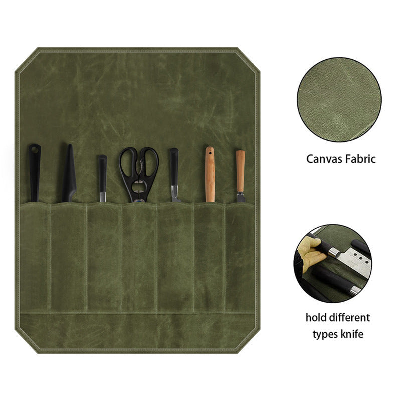 Elosung Green Durable Waxed Canvas Knife Roll Bag Portable Chef Tool Organizer