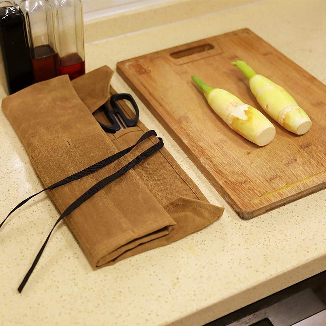 Elosung Green Durable Waxed Canvas Knife Roll Bag Portable Chef Tool Organizer