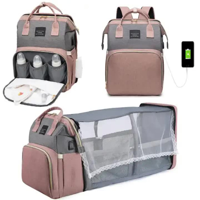 Elosung Black Mommy Bag With Little One Crib Multi Function Diaper Backpack Lightweight And Large Capacity For Moms