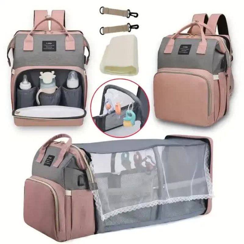 Elosung Black Mommy Bag With Little One Crib Multi Function Diaper Backpack Lightweight And Large Capacity For Moms