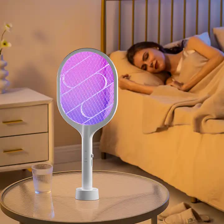 Elosung White Rechargeable Electric Mosquito Racket 2 In 1 Killer With Lithium Battery Fly Swatter & Zapper For Home Use