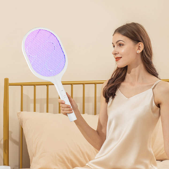 Elosung White Rechargeable Electric Mosquito Racket 2 In 1 Killer With Lithium Battery Fly Swatter & Zapper For Home Use