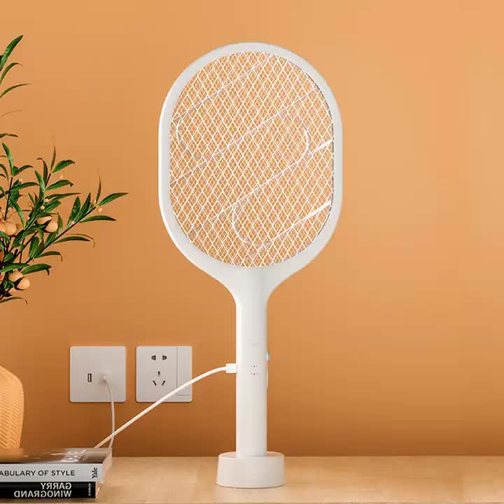 Elosung White Rechargeable Electric Mosquito Racket 2 In 1 Killer With Lithium Battery Fly Swatter & Zapper For Home Use