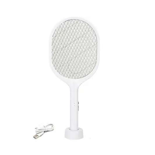 Elosung White Rechargeable Electric Mosquito Racket 2 In 1 Killer With Lithium Battery Fly Swatter & Zapper For Home Use
