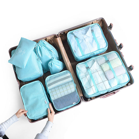 Elosung Light Blue 8 Piece Travel Organizer Set Packing Bags For Clothes Shoes Underwear And Toiletries With Drawstring