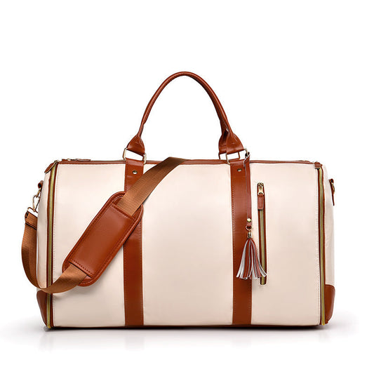 Elosung White And Brown Pu Leather Foldable Garment Bag Women's Travel Duffel With Suit Carrier Multi Function Storage
