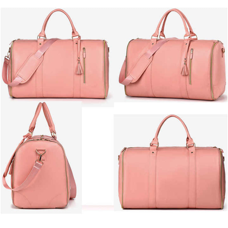 Elosung White And Brown Pu Leather Foldable Garment Bag Women's Travel Duffel With Suit Carrier Multi Function Storage