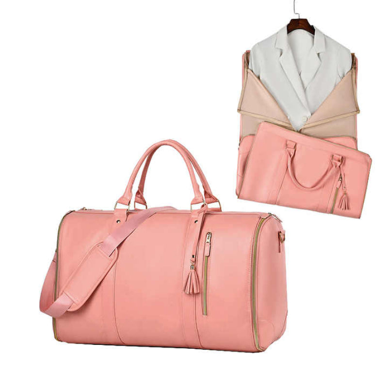 Elosung White And Brown Pu Leather Foldable Garment Bag Women's Travel Duffel With Suit Carrier Multi Function Storage