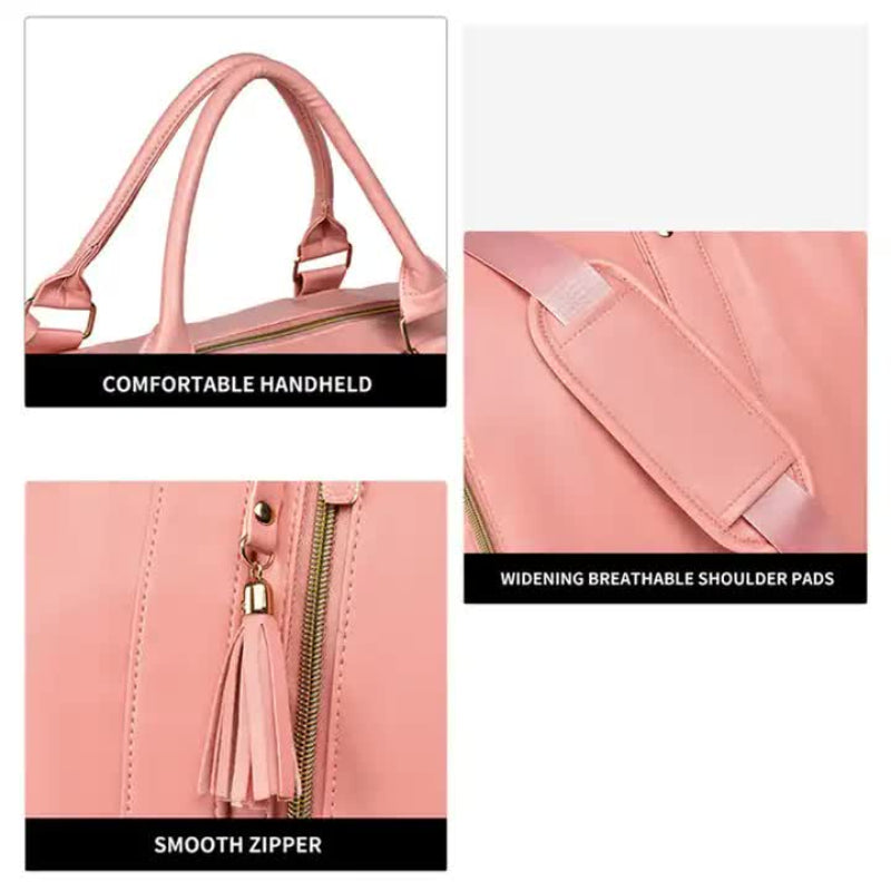 Elosung White And Brown Pu Leather Foldable Garment Bag Women's Travel Duffel With Suit Carrier Multi Function Storage