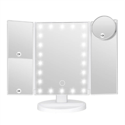 Elosung White Tri Fold Lighted Makeup Mirror 22 Led Vanity With 1X/2X/3X/10X Magnification Portable Cosmetic