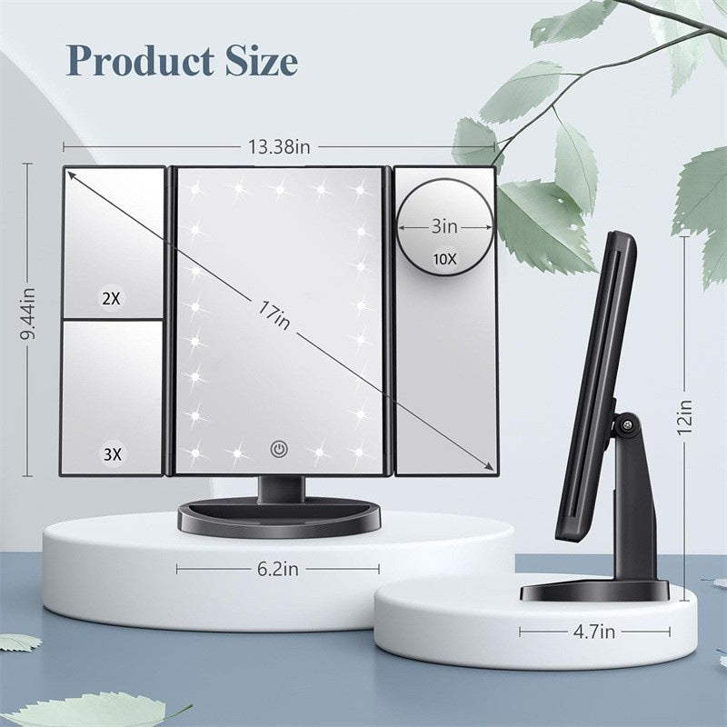 Elosung White Tri Fold Lighted Makeup Mirror 22 Led Vanity With 1X/2X/3X/10X Magnification Portable Cosmetic