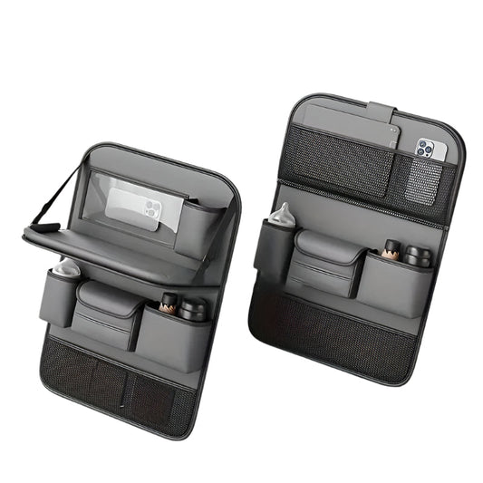 Elosung Grey Car Seat Back Organizer With Foldable Tray Leather Backseat Storage Bag Multi Pocket Vehicle