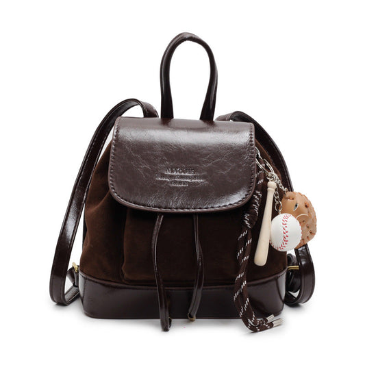 Elosung Brown Suede Women's Mini Backpack New Fashionable Travel Book Bag With Decorative Charm