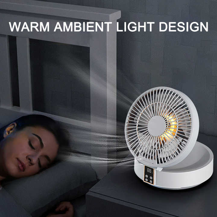 Elosung White Remote Control Wall Mount Foldable Mini Usb Fan With Night Light Digital Display