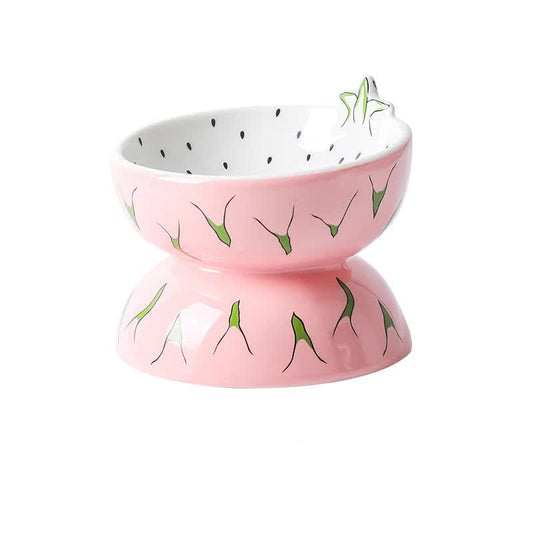 Ceramic Elevated Pet Food Bowl Cute Pitaya Pattern Design For Cats And Small Dogs