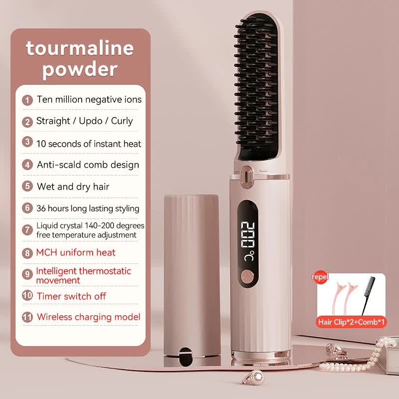 Elosung Cordless Hair Straightener Brush With Adjustable Temperature Pink