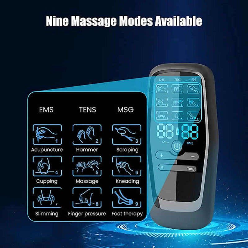 Dual Output Ems / Tens Massage Device With 9 Modes And Type C Charging 8 Adhesive Pads