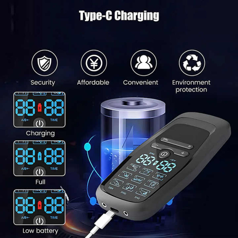 Dual Output Ems / Tens Massage Device With 9 Modes And Type C Charging 8 Adhesive Pads
