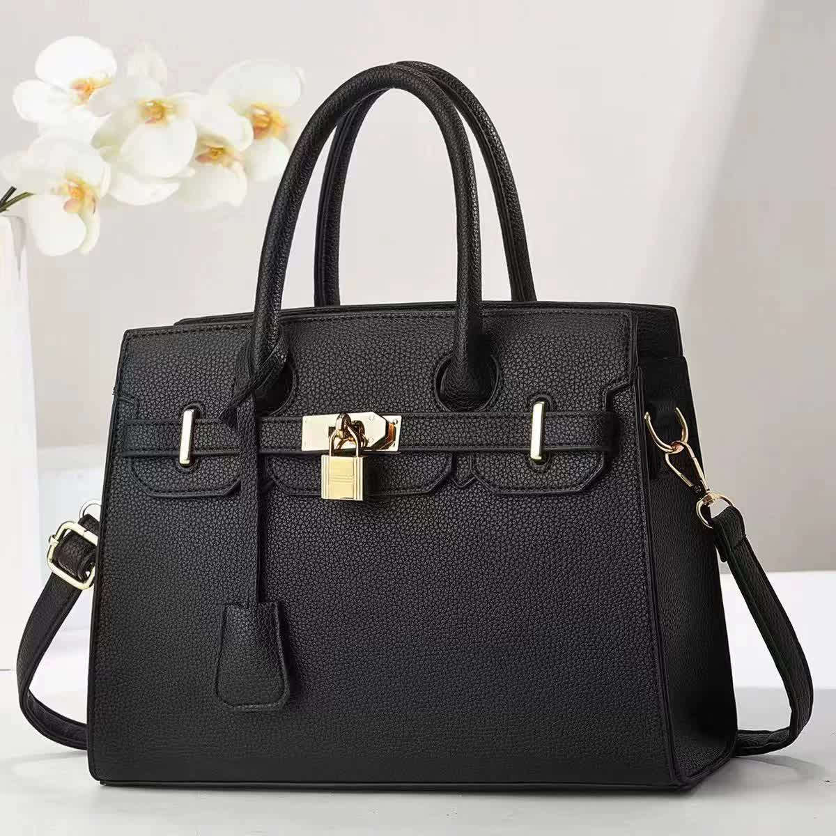 Elosung Black Elegant Pu Leather Handbag With Lock Decoration Structured Tote Bag For Women