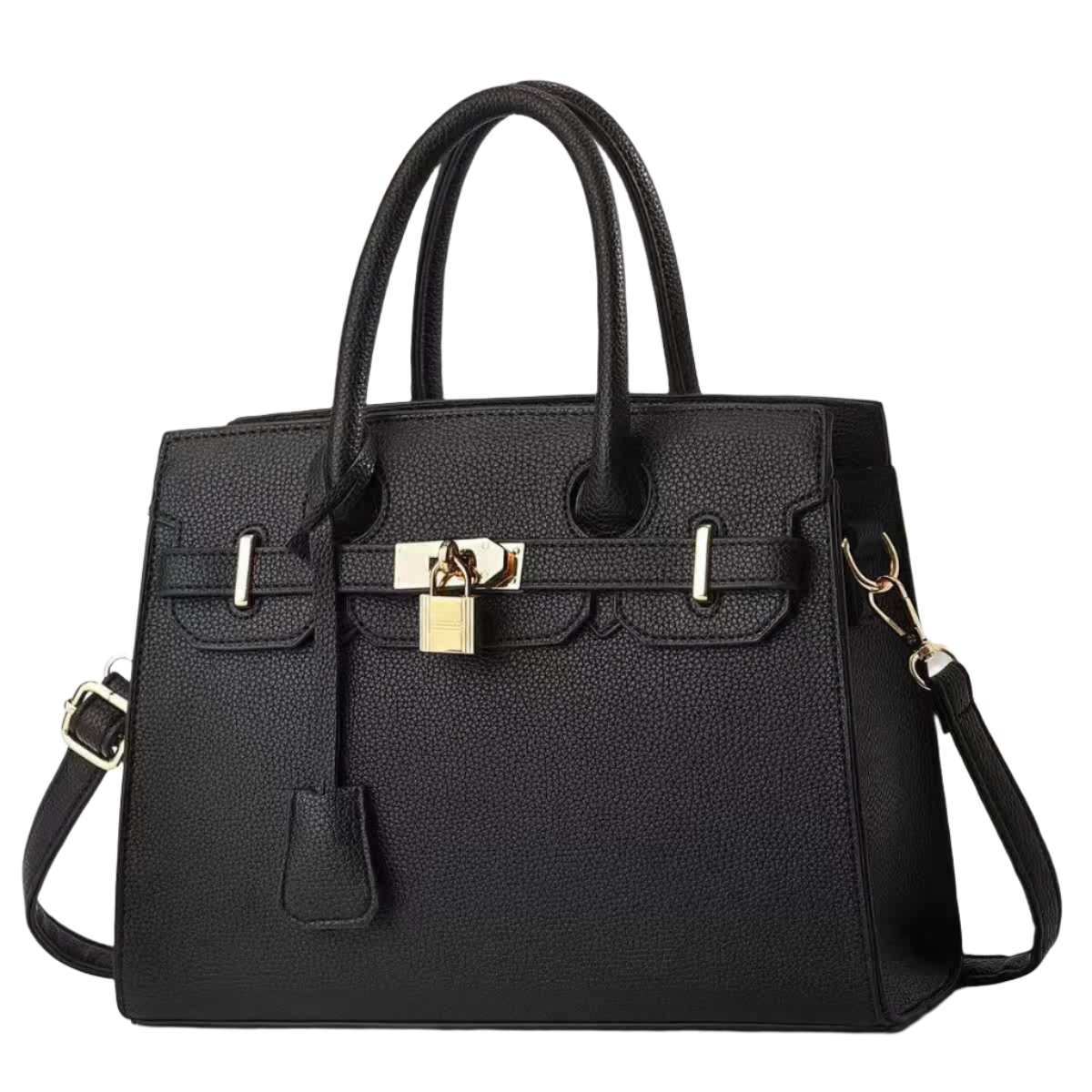 Elosung Black Elegant Pu Leather Handbag With Lock Decoration Structured Tote Bag For Women