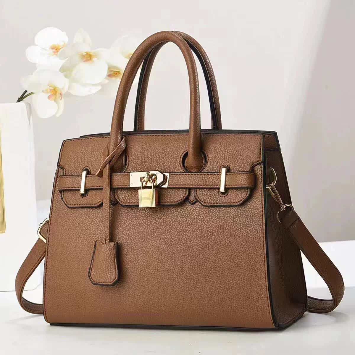 Elosung Coffee Elegant Pu Leather Handbag With Lock Decoration Structured Tote Bag For Women